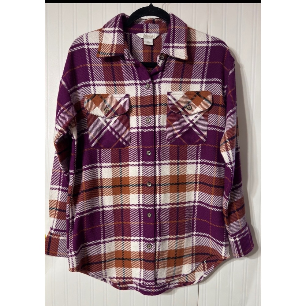 Natural Reflections Womens Purple Orange Plaid Flannel Button Down Shirt XS